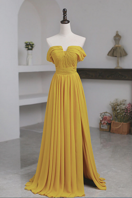 Yellow Simple Off Shoulder Long Prom Dress Chiffon Evening Dress Ss312