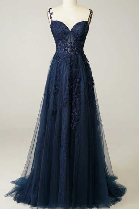 Hand Made Spaghetti Straps Navy Prom Evening Dress With Appliques Ss317