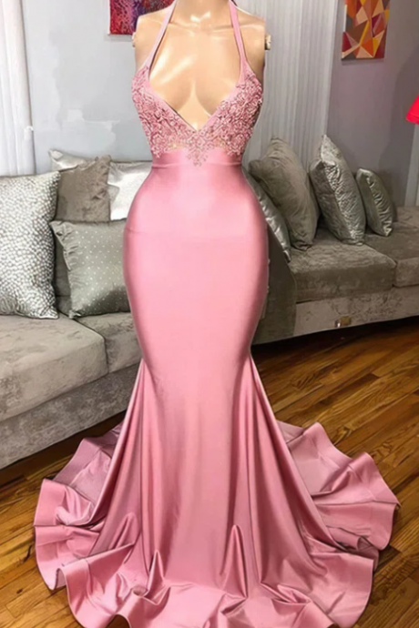 Pink Trumpet/Mermaid V-neck Sweep Train Beading Prom Evening Dresses SS319