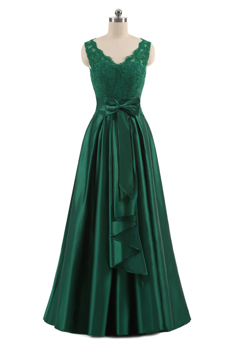 Green A-line V-neck Evening Dress Hand Made With Bowknot Full Length Bridesmaid Dresses Prom Dress Ss334