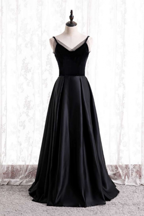 Spaghetti Straps Black Evening Dress Satin A-line Floor Length Prom Dress Ss335