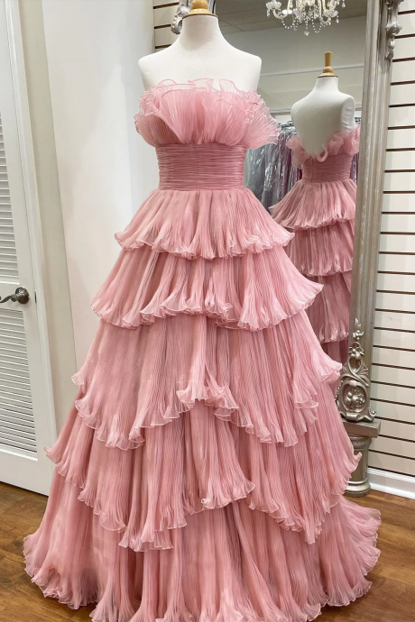 Pink Tulle A-line Strapless Hand Made Full Length Layered Ruffles Long Prom Dress Formal Occasion Evening Dress Ss336
