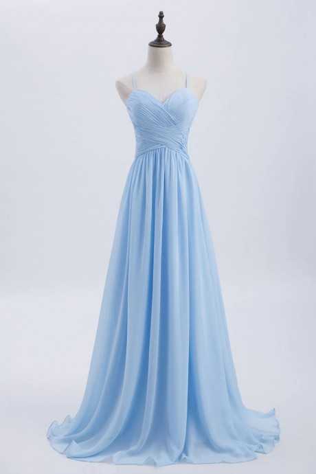 Blue Pleated Spaghetti Straps Hand Made A-line Chiffon Long Bridesmaid Dress Prom Dress Ss338