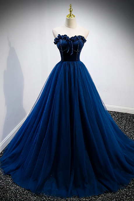 Navy Blue Velvet Top And Tulle Long Prom Party Dress Sweetheart Evening Dress Custom Size Ss341