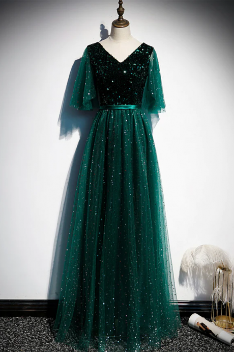 Green V-neckline Shiny Tulle Evening Dress Brithday Dress Sequins Prom Dress Ss342