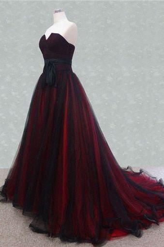 Red And Black A Line Strapless Tulle Sweep Train Prom Dress Evening Dress Ss343