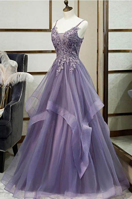 Hand Made Long Tulle Spaghetti Straps Evening Dress Layered Prom Dress With Lace Applique Ss348