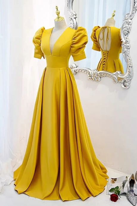 Hand Made Custom Size Yellow Evening Dress Prom Dress With Sleeves Ss349