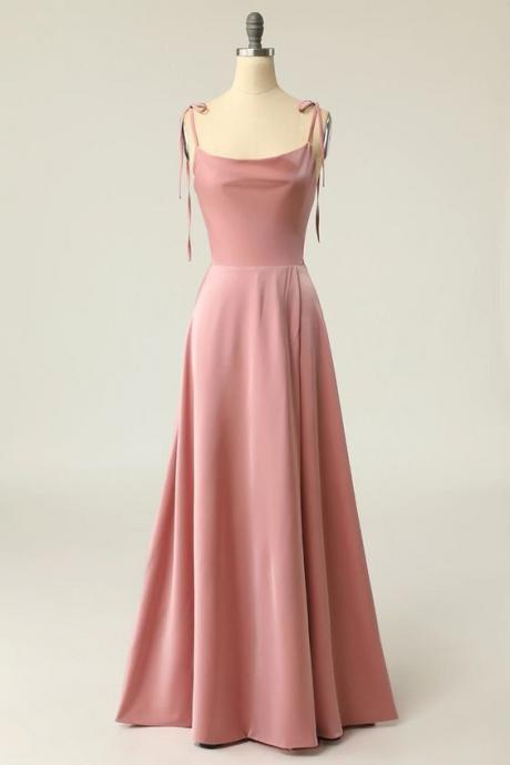 A-line Bateau Hand Made Custom Bowknot Blush Spaghetti Straps Evening Dress Floor Length Prom Dresses Ss353