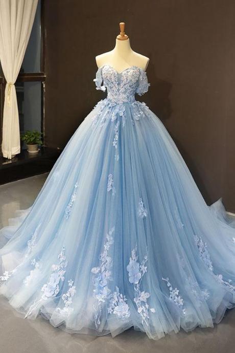 Custom Size Blue Wedding Dresses Lace Applique Full Length Off The Shoulder Wedding Ball Gown Ss355