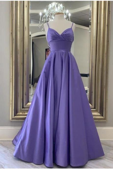 Spaghetti Straps Full Length Purple Prom Dress Hand Made Evening Gowns Ss360