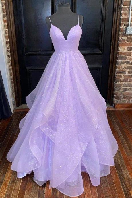 Hand Made Sparkly Spaghetti Straps Evening Dress Purple Tulle Long Prom Dress Ss361