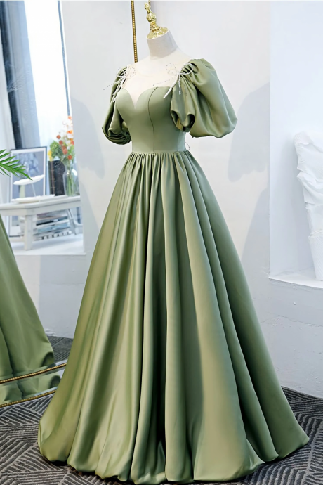 Full Length Satin Long Prom Dress Lace Up Back Green Evening Dress Hand Made Custom Ss362