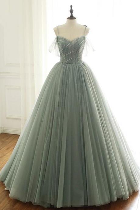 Hand Made Green Elegant A-line Tulle Long Prom Dress Evening Dress Ss364