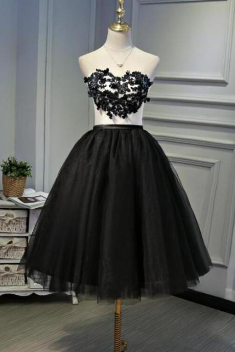 Black Tea Length Round Neckline Tulle Evening Party Dress Homecoming Dress Ss372