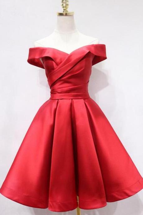 Red Satin Off Shoulder Short Evening Party Dress Homecoming Dress Prom Dress Ss373