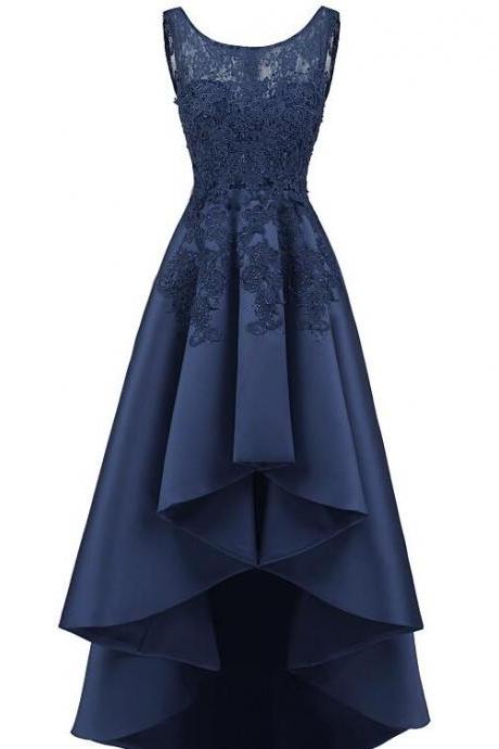 Navy Blue Lace Beaded Wedding Party Evening Dresses High Low Bridesmaid Gowns Formal Ss375