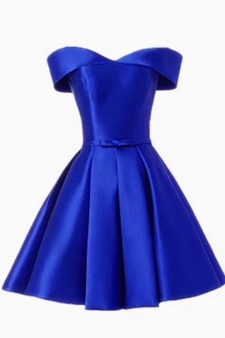 Simple Satin Off Shoulder Short Evening Party Dress Blue Homecoming Dress Prom Dress Ss377