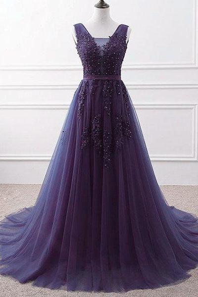 Lovely Purple Handmade Evening Dress Tulle V-neckline Long Party Dress A-line Bridesmaid Dress Ss378