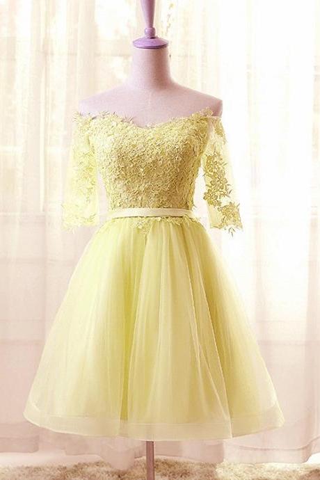 Hand Made Yellow Tulle Short Sleeves With Lace Prom Dress Sweetheart Homecoming Dress Evening Party Dress Ss379