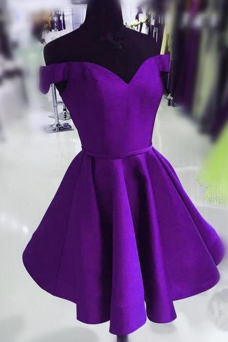 Purple Satin Off Shoulder Short Cute Evening Dress Prom Dress Homecoming Dress Ss380