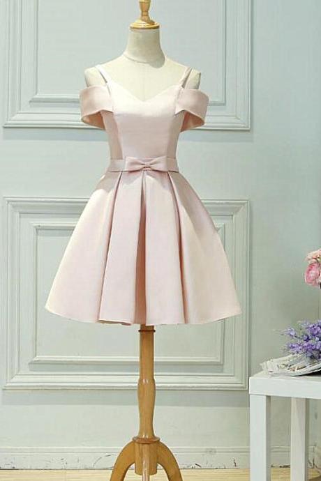 Pink Satin Knee Length Off Shoulder Evening Party Dress Short Pink Homecoming Prom Dress Ss381