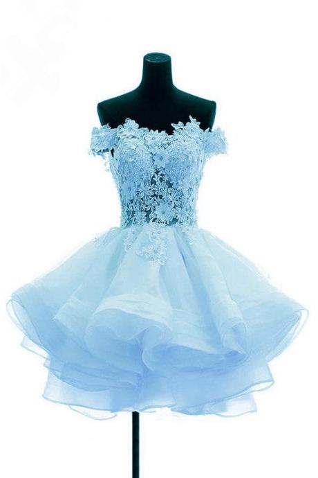 Light Blue Organza With Flower And Lace Short Evening Party Dress Blue Homecoming Dress Ss383