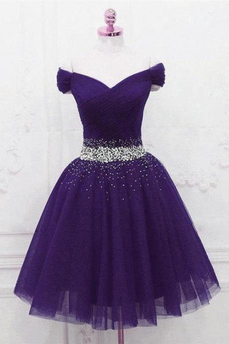 Purple Tulle Beaded Cute Off Shoulder Short Prom Dress Homecoming Dress Party Dress Ss386