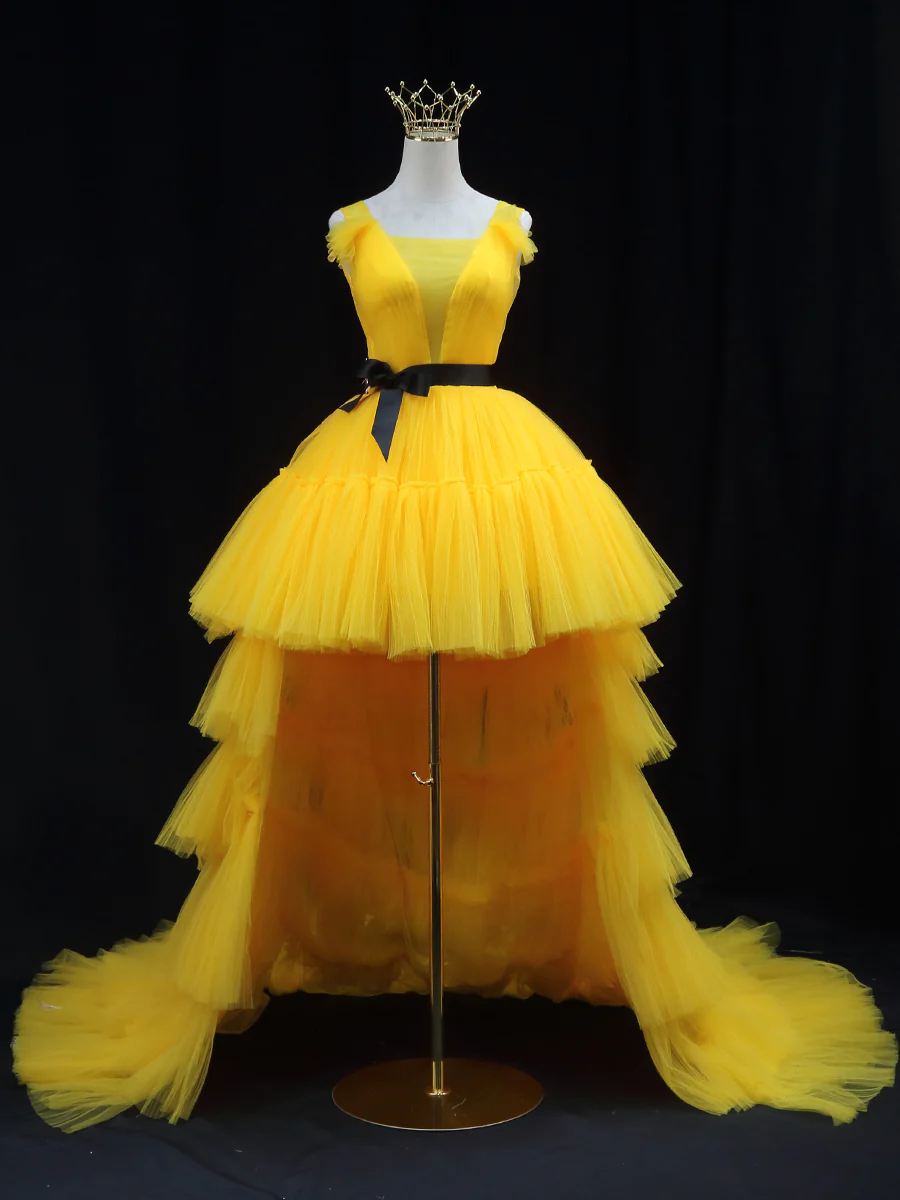 Yellow Hi-lo Tulle Prom Dress Evening Dress Hand Made Custom Size Ss398