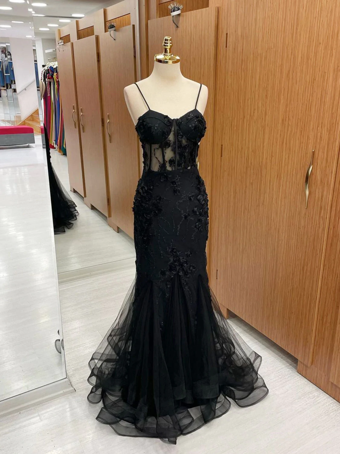 Black Strapless Strap Lace Applique Prom Dress Evening Dress Ss405