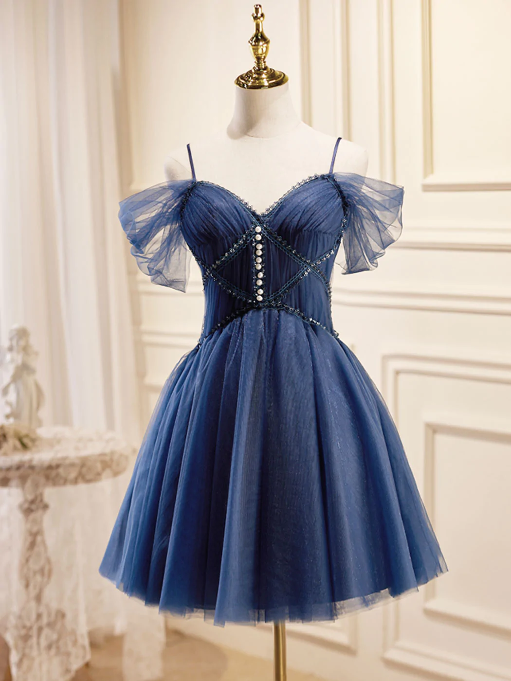 Blue Short Prom Dress Evening Dress Hand Made Custom Ss413