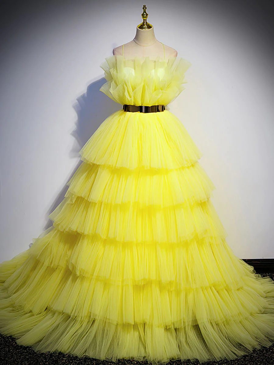 Yellow Tulle Prom Dress Lace Up Back Full Length Evening Dress Ss440