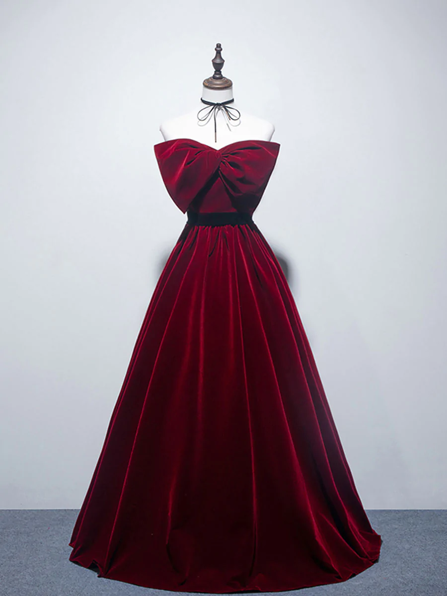 Wine Red Prom Dress With Bow Full Length Evening Dress Ss444