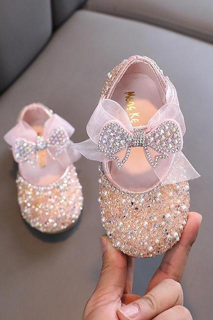 Children&amp;#039;s Sequined Leather Shoes Girls Princess Rhinestone Bowknot Single Shoes 2022 Fashion Baby Kids Wedding Shoes Lm01