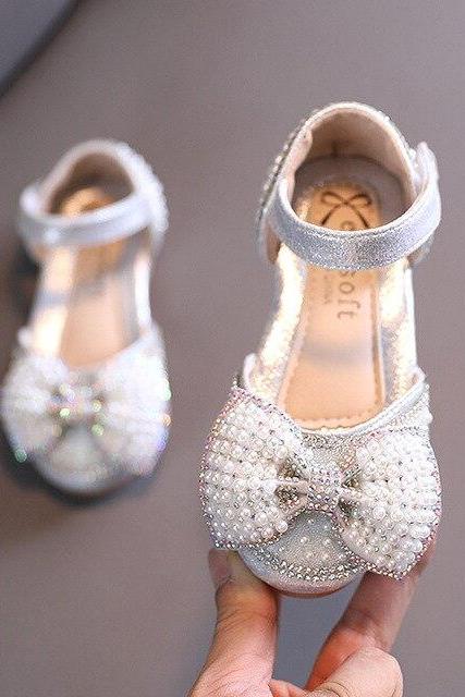  New Girls Shoes Children Rhinestone Butterfly Pearls Girls Princess Shoes Wedding Party Dance Kids Single Shoes LM08
