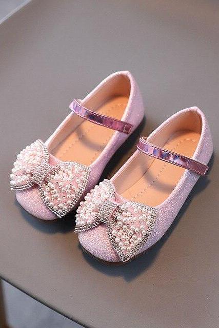 Girls Butterfly Leather Shoes New Fashion Spring Girls Bling Pearl Princess Shoes Children's Anti-slip Dance Shoes LM11