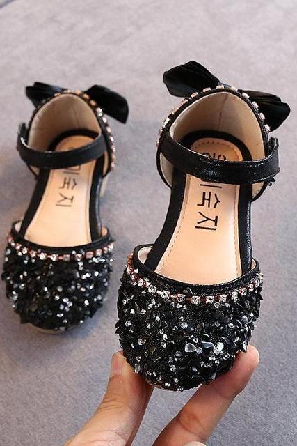 Crystal Bow Single Shoes Summer Girls Fashion Princess Soft Shoes Children Pu Leather Flat Baby Rhinestone Sandals Lm014