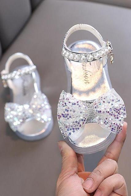 New Girls Bling Sandals Children's Sequins Bow Pearl Party Sandals Fashion Baby Kids Soft Bottom Beach Sandals LM16