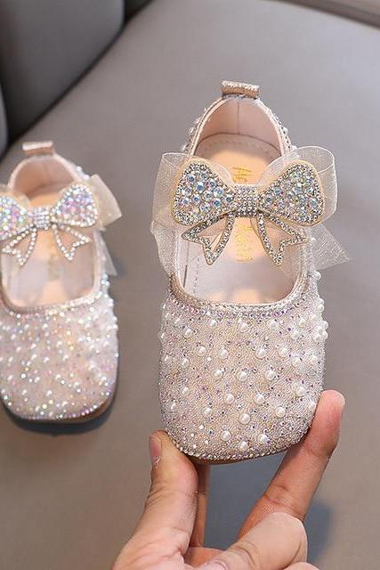 Girls Lace Bow Leather Shoes Spring Children's Sequined Single Shoes Fashion Kids Rhinestone Princess Shoes Lm21