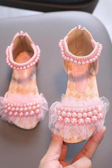 Summer Children&amp;#039;s Fashion Sandals Girls Rhinestone Princess Shoes Kids Lace Pearl Flower Beach Sandals Size 21-36 Lm23