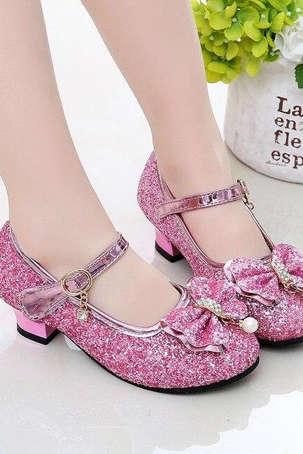 Girls High Heel Leather Shoes Children Glitter Bowtie Dance Shoes Student Crystal Pink Silver Sandals Single Shoes Lm29