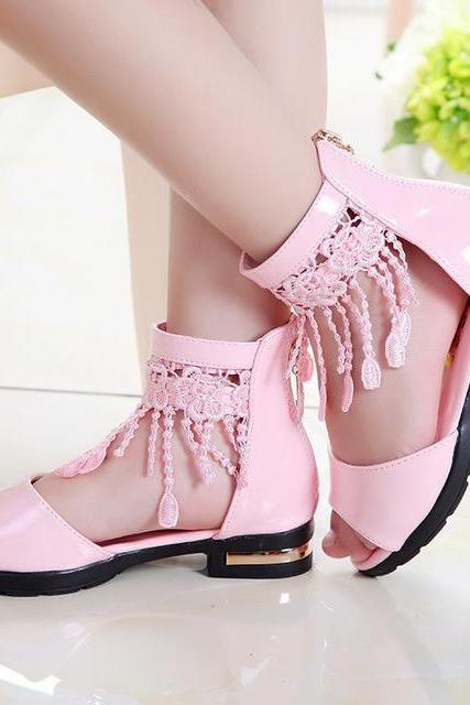 Summer Sandals Girls Shoes Tassel Lace Kids Sandals New Fish Mouth Princess Shoes Black White Pink LM33