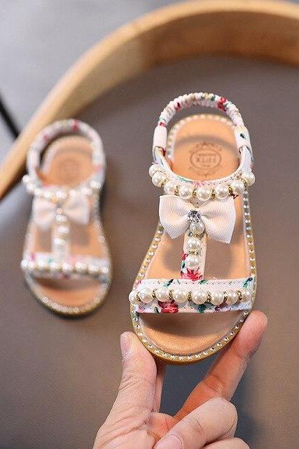 Children's Beach Sandals Toddler Sweet Bowknot Pearl Girl Princess Shoes Baby Fashion Party Flat Sandals LM35