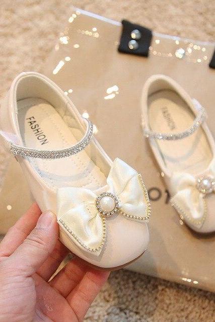 Girls Leather Shoes 2023 Spring Children Rhinestone Bow Princess Shoes Party Kids Single Shoes Wedding Flats Lm36