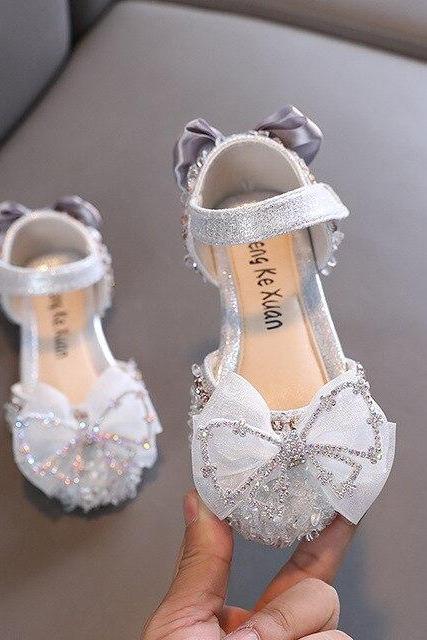 Children&amp;#039;s Cute Bow Sandals Baby Girls Rhinestone Flats Princess Sandals Kids Glitter Soft Bottom Dance Shoes Size 21-36 Lm41