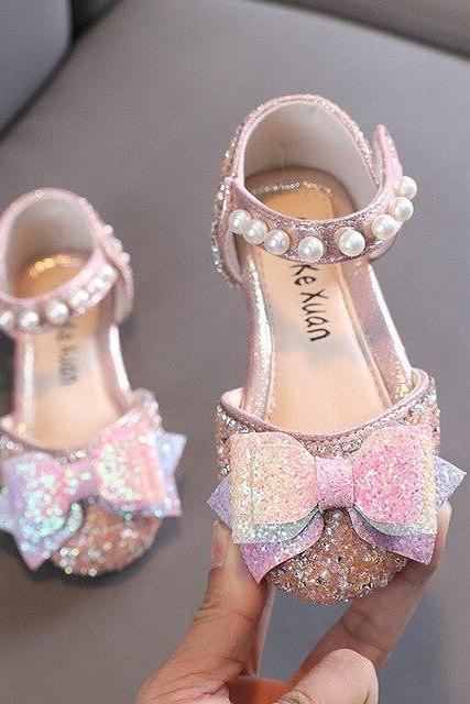 Children&amp;#039;s Flat Princess Party Shoes Girls Pearl Sandals Fashion Sequins Bow Rhinestone Baby Shoes Kids Soft Sandals Lm43