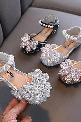 Kids Sequined Bowknot Princess Sandals Girls Glitter Pearl Sandals Children's Dance Leather Shoes Toddler Flats Shoes Lm44