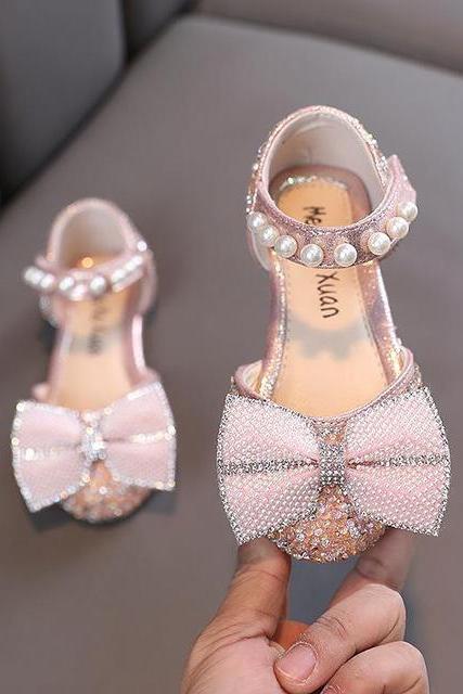 Girls Rhinestone Sandals Children&amp;#039;s Sequin Pearl Bow Flat Sandals Kids Fashion Bling Hollow Out Sweet Princess Shoes Lm46