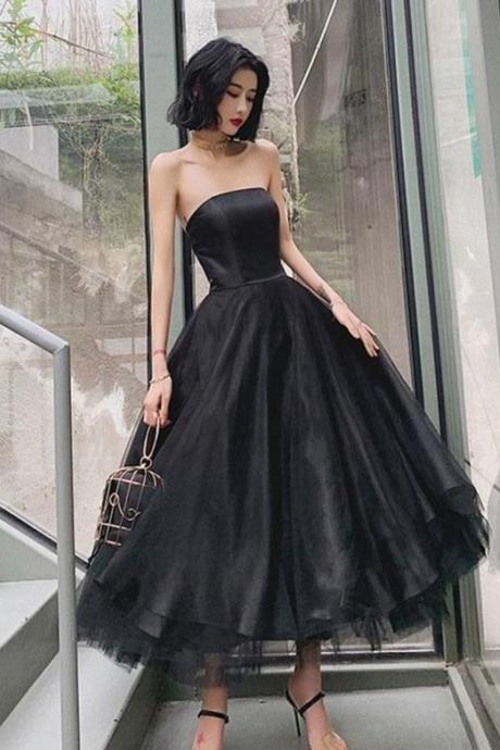 Custom Made Black Tea Length Scoop Simple Tulle Homecoming Dress Evening Party Dresses Prom Dress Ss452