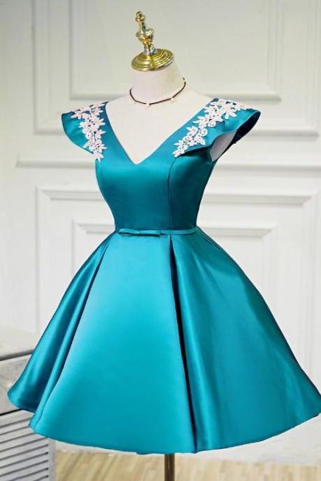 Blue Satin Short Evening Party Dress With White Lace Homecoming Dress Prom Dress Ss454